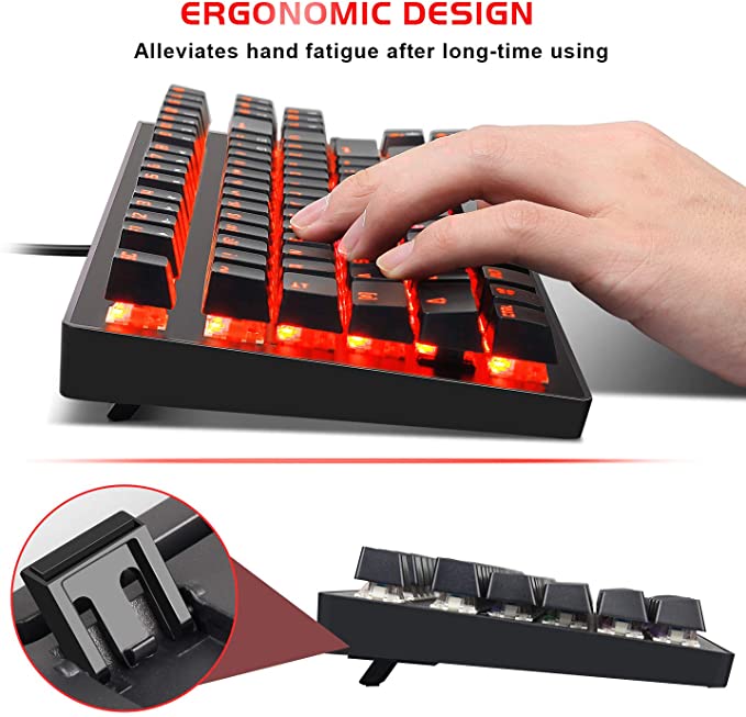Magegee Clavier de jeu mécanique MK1 - Clavier mécanique rétroéclairé à LED rouge - Petit clavier d'ordinateur mécanique compact 87 touches en métal filaire USB équivalent bleu pour les joueurs Windows - Noir