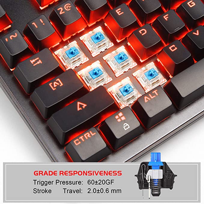 Magegee Clavier de jeu mécanique MK1 - Clavier mécanique rétroéclairé à LED rouge - Petit clavier d'ordinateur mécanique compact 87 touches en métal filaire USB équivalent bleu pour les joueurs Windows - Noir