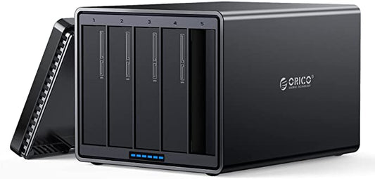 ORICO 5Bay NS500RU3 Boîtier de disque dur externe Raid magnétique en aluminium USB 3.0 vers SATA pour disque dur 3,5" Compatible avec 7 modes RAID jusqu'à 80 To (5 x 16 To)