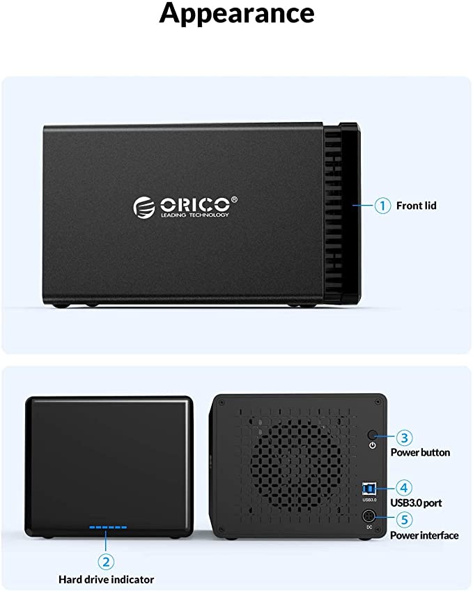 ORICO 5Bay NS500RU3 Boîtier de disque dur externe Raid magnétique en aluminium USB 3.0 vers SATA pour disque dur 3,5" Compatible avec 7 modes RAID jusqu'à 80 To (5 x 16 To)