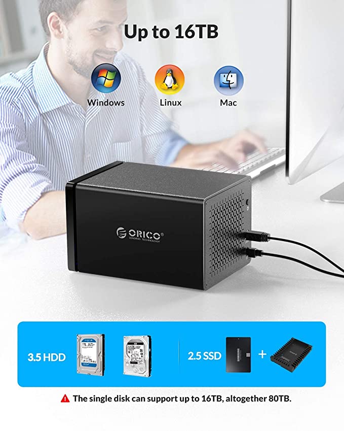 ORICO 5Bay NS500RU3 Boîtier de disque dur externe Raid magnétique en aluminium USB 3.0 vers SATA pour disque dur 3,5" Compatible avec 7 modes RAID jusqu'à 80 To (5 x 16 To)