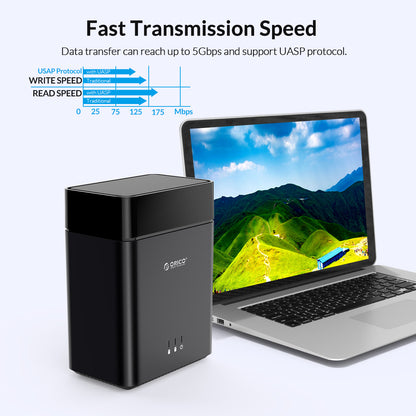 ORICO – boîtier de disque dur 3.5 pouces DS200C3, 2 baies, Type C, USB3.1, Gen1, 5Gbps, Support UASP, puissance 12V, 4A, 20 to