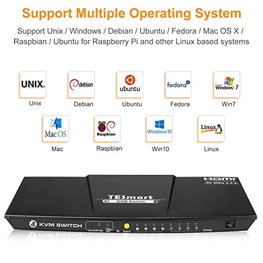 TESmart Commutateur HDMI KVM 4K @ 60Hz HDR 4 ports KVM avec ports HDMI 60 Hz pour 4 x 1Com-plete avec câbles pour contrôle USB jusqu'à 4 ordinateurs, serveurs, DVR et écran Con-trol à distance
