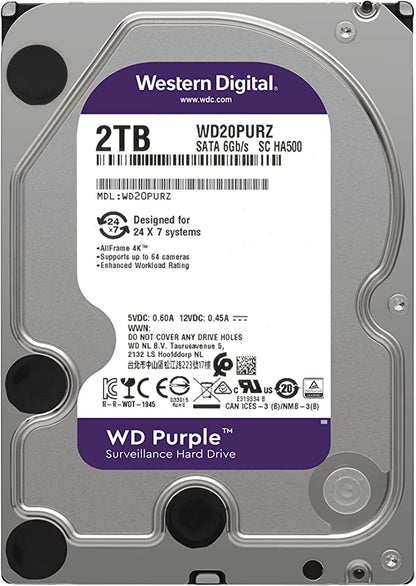 WD WD20PURZ Disque dur de surveillance Violet 2 To Classe 5400 tr/min SATA 6 Go/s 64 Mo de mémoire cache 3,5"