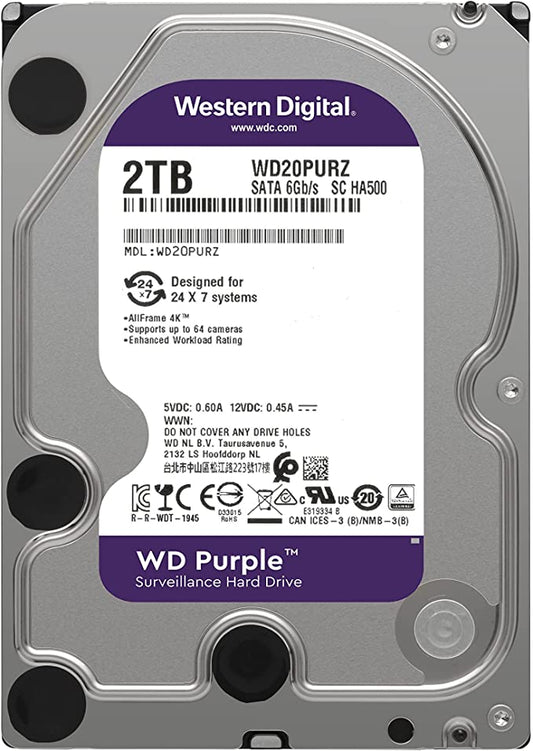 WD WD20PURZ Disque dur de surveillance Violet 2 To Classe 5400 tr/min SATA 6 Go/s 64 Mo de mémoire cache 3,5"