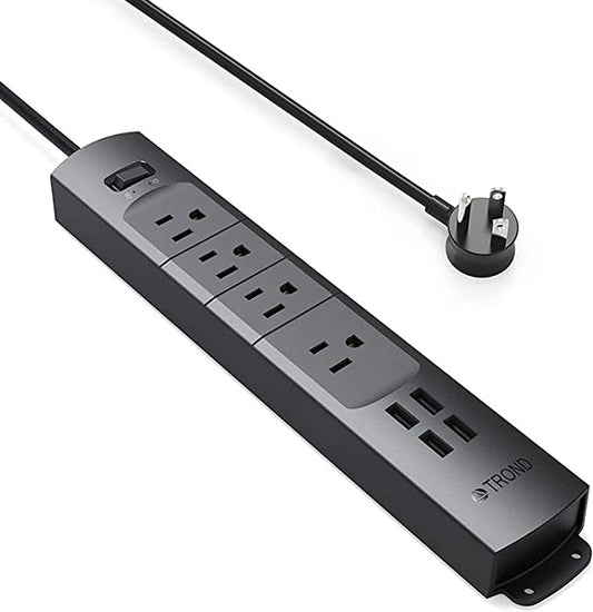 TROND Barre d'alimentation avec 4 ports USB, 4 prises CA, multiprise plate, cordon court de 0,9 m, protection contre les surtensions de 1440 joules, support mural, pour établi, table de chevet, commode, bureau (noir)